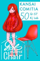 Rule 34 | 1girl, aqua background, chair, english text, full body, hands in pockets, jacket, long hair, looking at viewer, miyoshi yoshimi, original, pink footwear, red eyes, red hair, red jacket, shadow, shoes, simple background, solo, standing, tongue, tongue out, very long hair