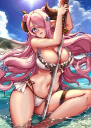 Rule 34 | 1girl, bikini, blue eyes, blue sky, blush, breasts, cameltoe, cleavage, cloud, commentary request, double bun, draph, earrings, foxyreine, frills, granblue fantasy, hair ornament, hair over one eye, highres, horns, jewelry, katana, large breasts, long hair, looking at viewer, mountain, narmaya (granblue fantasy), narmaya (summer) (granblue fantasy), navel, open mouth, outdoors, partially submerged, pink hair, ring, sitting, sky, solo, sun, swimsuit, sword, thigh strap, weapon, white bikini