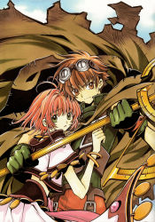 Rule 34 | 1boy, 1girl, absurdres, brown eyes, brown hair, clamp, frown, gloves, goggles, goggles on head, green eyes, green gloves, highres, holding, holding weapon, official art, sakura hime, short hair, staff, tsubasa chronicle, weapon, xiaolang