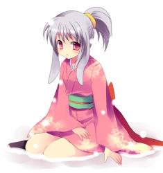 Rule 34 | 1girl, animal ears, japanese clothes, kimono, pink eyes, short kimono, silver hair, sitting, snow, solo, subaru (yachika)