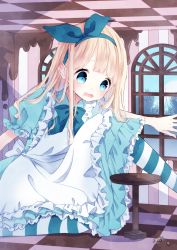 Rule 34 | 1girl, alice (alice in wonderland), alice in wonderland, apron, blonde hair, blue bow, blue dress, blue eyes, blue hairband, blue ribbon, blue sky, blush, bow, checkered ceiling, checkered floor, child, cloud, commentary request, day, dress, drink me, fingernails, frilled apron, frills, giant, giantess, glass bottle, hair ribbon, hairband, highres, indoors, key, long hair, maid apron, on one knee, open mouth, original, pantyhose, puffy short sleeves, puffy sleeves, ribbon, short sleeves, sidelocks, sky, solo, striped clothes, striped pantyhose, table, vertical stripes, very long hair, wavy mouth, white apron, window, zantei hanako