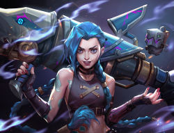 Rule 34 | 1girl, arcane: league of legends, arcane jinx, arm tattoo, bare shoulders, blue hair, braid, cloud tattoo, collarbone, explosive, fingerless gloves, gloves, grenade, highres, holding, holding weapon, jinx (league of legends), kdash, league of legends, long hair, nail polish, red nails, rocket launcher, smile, solo, stomach, stomach tattoo, tattoo, teeth, twin braids, very long hair, weapon