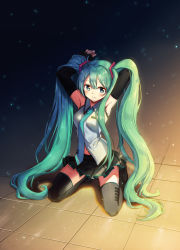 Rule 34 | 1girl, absurdres, ahoge, aqua eyes, aqua hair, arms up, blush, detached sleeves, full body, hatsune miku, highres, kneeling, long hair, looking at viewer, necktie, skirt, smile, solo, thighhighs, twintails, very long hair, vocaloid, yimn-fletcher