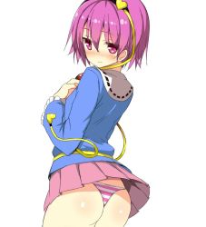 Rule 34 | 1girl, ass, back, blush, eyeball, greatmosu, hairband, heart, komeiji satori, long sleeves, looking at viewer, looking back, md5 mismatch, panties, pink eyes, pink hair, resized, resolution mismatch, shirt, short hair, simple background, skirt, smile, solo, source larger, string, striped clothes, striped panties, third eye, touhou, underwear, vest, white background, wide sleeves