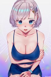 Rule 34 | 1girl, arm under breasts, bare shoulders, blue eyes, blue shirt, blue shorts, blush, bracelet, braid, braided bangs, breasts, camisole, cleavage, collarbone, feather hair ornament, feathers, french braid, grey hair, hair ornament, highres, hololive, hololive indonesia, jewelry, large breasts, light rays, looking at viewer, navel, nose blush, open mouth, pajamas, pavolia reine, scrunchie, shirt, short hair, shorts, solo, toxichannka, virtual youtuber, wrist scrunchie
