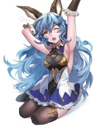 Rule 34 | 1girl, animal ears, arm up, armpits, black gloves, blue hair, blue skirt, boba, breasts, brown thighhighs, curly hair, elbow gloves, ferry (granblue fantasy), frilled gloves, frilled skirt, frills, full body, gloves, granblue fantasy, hair between eyes, highres, kneeling, long hair, medium breasts, miniskirt, one eye closed, open mouth, sideboob, simple background, skirt, solo, thighhighs, very long hair, white background, yellow eyes, zettai ryouiki