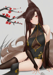 Rule 34 | 1girl, absurdres, akagi (azur lane), animal ears, artist name, azur lane, bare shoulders, black dress, black gloves, black thighhighs, breasts, brown hair, china dress, chinese clothes, cleavage, dress, elbow gloves, fingerless gloves, fox ears, fox tail, gloves, grey background, hair ornament, hairclip, hands on floor, highres, ichikushi mojibake, long hair, medium breasts, nail polish, on floor, red eyes, red nails, solo, tail, thighhighs