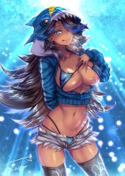 Rule 34 | 1girl, :q, animegao, arm behind back, bikini, bikini pull, black hair, black thighhighs, blue background, blue bikini, blue eyes, blue hair, blue jacket, blue nails, blush, breasts, cleavage, clothes pull, collarbone, commentary request, cosplay, cowboy shot, creatures (company), cropped jacket, cutoffs, dark-skinned female, dark skin, denim, denim shorts, earrings, eyeliner, game freak, gen 3 pokemon, groin, hair over one eye, highleg, highleg bikini, highres, hood, hood up, hooded jacket, jacket, jewelry, kigurumi, large breasts, light particles, light rays, long hair, long sleeves, looking at viewer, makeup, midriff, multicolored hair, nail polish, navel, nintendo, open fly, partially unzipped, pokemon, pokemon oras, sharpedo, shelly (pokemon), short shorts, shorts, signature, skindentation, smile, solo, standing, swimsuit, takecha, team aqua, thighhighs, tongue, tongue out, two-tone hair, underboob