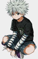 Rule 34 | 1boy, child, closed mouth, crossed legs, denim, denim shorts, highres, hunter x hunter, killua zoldyck, long sleeves, looking at viewer, male focus, purple footwear, qn ui3, shirt, short hair, shorts, sitting, solo, spiked hair, striped clothes, striped shirt, white background, white hair