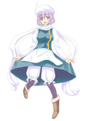 Rule 34 | 1girl, black pantyhose, bloomers, boots, breasts, female focus, hat, large breasts, letty whiterock, light purple hair, nabeshima tetsuhiro, open mouth, pantyhose, purple eyes, scarf, short hair, smile, solo, touhou, underwear, white scarf