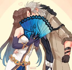 Rule 34 | 1boy, 1girl, blue gloves, brown background, brown coat, brown gloves, brown hair, clenched hand, closed eyes, coat, commentary, couple, crow armbrust, dress, eiyuu densetsu, elbow gloves, english commentary, eyelashes, folding fan, fur-trimmed coat, fur trim, gloves, grey hair, hand fan, heart, hetero, highres, holding, holding fan, jewelry, kiss, long hair, reikiwie, ring, second-party source, sen no kiseki, sen no kiseki ii, short hair, vita clotilde, wedding ring, white dress