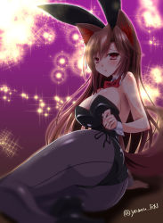 Rule 34 | 1girl, animal ears, black leotard, bow, bowtie, breasts, brown hair, cleavage, commentary request, cowboy shot, detached collar, extra ears, grey pantyhose, highres, imaizumi kagerou, leotard, long hair, looking at viewer, lying, on side, pantyhose, playboy bunny, purple background, rabbit ears, rabbit girl, red bow, red bowtie, red eyes, solo, sparkle, strapless, strapless leotard, tail, touhou, twitter username, wolf ears, wolf tail, wrist cuffs, yamu (reverse noise)