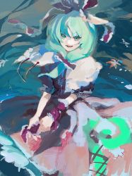 Rule 34 | 1girl, bad id, bad twitter id, commentary, dress, front ponytail, green background, green eyes, green hair, hair ribbon, highres, kagiyama hina, kusariuta, long hair, looking at viewer, open mouth, red dress, red ribbon, ribbon, short sleeves, smile, solo, symbol-only commentary, touhou, upper body, wrist ribbon
