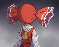Rule 34 | 1girl, ascot, candy, collarbone, commentary request, dairi, dark background, detached sleeves, dress, food, frills, hakurei reimu, japanese clothes, miko, red dress, ribbon-trimmed sleeves, ribbon trim, solo, touhou, what