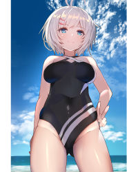 Rule 34 | .live, 1girl, antenna hair, bare arms, bare shoulders, black one-piece swimsuit, blue eyes, blue sky, blush, breasts, closed mouth, cloud, commentary request, covered navel, day, fingernails, groin, hair ornament, horizon, looking at viewer, medium breasts, ocean, one-piece swimsuit, rk (rktorinegi), short hair, silver hair, dennou shoujo siro, sky, smile, solo, standing, swimsuit, v, virtual youtuber, water
