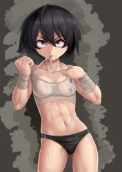 Rule 34 | 1girl, abs, bandaged arm, bandages, black hair, breasts, brown background, buruma, clenched hand, collarbone, covered erect nipples, drawing, dripping, frown, hair between eyes, hands up, highres, navel, nico-mo, original, red eyes, see-through, short hair, small breasts, sports bra, sweat, sweaty clothes, thighhighs, toned, tying, wet, wet hair, wrapping