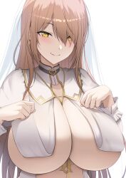 Rule 34 | 1girl, between breasts, blush, breast curtains, breasts, brown hair, cleavage, closed mouth, diisuke, earrings, fang, highres, jewelry, large breasts, long hair, looking at viewer, necklace, nijisanji, nui sociere, nui sociere (6th costume), simple background, skin fang, smile, solo, underwear, upper body, veil, virtual youtuber, white background, yellow eyes