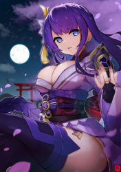 Rule 34 | 1girl, absurdres, armor, black thighhighs, braid, breasts, bridal gauntlets, cherry blossoms, cleavage, commentary request, genshin impact, highres, japanese armor, japanese clothes, large breasts, long hair, long sleeves, looking at viewer, low-braided long hair, low-tied long hair, md5 mismatch, mitsudomoe (shape), mole, mole under eye, moon, nail polish, night, night sky, no bra, obi, obiage, obijime, pauldrons, petals, purple hair, purple nails, raiden shogun, revision, sash, shoulder armor, sidelocks, single pauldron, sitting, sky, solo, thighhighs, thighs, tomoe (symbol), torii, wide sleeves, zonzu