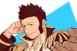 Rule 34 | 1boy, beard, blue eyes, brown hair, close-up, collar, epaulettes, facial hair, fate/grand order, fate (series), fringe trim, goatee, itto (mentaiko), jacket, long sideburns, long sleeves, looking at viewer, male focus, military, military uniform, napoleon bonaparte (fate), open clothes, open jacket, open shirt, pectoral cleavage, pectorals, sideburns, sketch, smile, solo, uniform