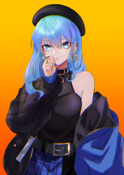 Rule 34 | 1girl, bare shoulders, belt, beret, black belt, black collar, black hat, black jacket, black shirt, blouse, blue eyes, blue hair, blue jacket, blue nails, blue skirt, collar, ear piercing, earrings, gradient background, hair between eyes, hat, highres, hololive, hoshimachi suisei, jacket, jewelry, long hair, long sleeves, looking at viewer, multiple rings, nail polish, off shoulder, open clothes, open jacket, parted lips, piercing, plaid, plaid skirt, puffy long sleeves, puffy sleeves, ring, saco (cgmore), shirt, simple background, skirt, sleeveless, sleeveless shirt, solo, star (symbol), star earrings, virtual youtuber
