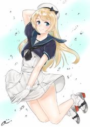 Rule 34 | 1girl, beret, blonde hair, blue eyes, blue sailor collar, blush, bobby socks, c-da, dress, gloves, hat, highres, jervis (kancolle), kantai collection, long hair, mary janes, sailor collar, sailor dress, sailor hat, shoes, signature, simple background, smile, socks, solo, thighs, water, white gloves, white hat