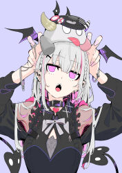 Rule 34 | 1girl, absurdres, armpits, arms up, asumi sena, asumi sena (3rd costume), bare shoulders, bat wings, black collar, black dress, braid, breasts, chain, cleavage cutout, clothing cutout, collar, colored inner hair, cross, cross earrings, cross hair ornament, demon girl, demon tail, dress, ear piercing, earrings, french braid, frills, grey hair, hair between eyes, hair ornament, heart collar, highres, jewelry, looking up, medium breasts, mini wings, multicolored hair, open mouth, piercing, pink hair, red eyes, ribbon, ring, sidelocks, spiked ear piercing, streaked hair, tail, tetsu booya, twintails, virtual youtuber, vspo!, white ribbon, wings, wristband