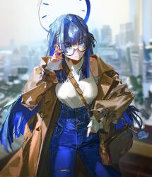 Rule 34 | 1girl, bag, blue eyes, blue hair, blue pants, blurry, blurry background, breasts, coat, cowboy shot, ear piercing, glasses, hair intakes, halo, high-waist pants, highres, hololive, hololive english, long hair, looking at viewer, medium breasts, open clothes, open coat, ouro kronii, ouro kronii (casual), pants, parted lips, piercing, quasarcake, shoulder bag, solo, standing, very long hair, virtual youtuber