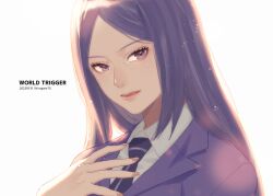 Rule 34 | 1girl, closed mouth, collared shirt, copyright name, dated, eyelashes, fingernails, formal, hand up, jacket, light particles, lipstick, long hair, looking at viewer, makeup, nail polish, necktie, portrait, purple eyes, purple hair, purple jacket, purple necktie, shirogane750, shirt, simple background, smile, solo, suit, tsukimi ren, twitter username, white background, white shirt, world trigger
