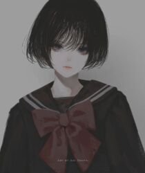 Rule 34 | 1girl, aoi ogata, artist name, black hair, black sailor collar, black shirt, blue eyes, bow, clip studio paint (medium), closed mouth, commentary, english commentary, grey background, hair between eyes, highres, looking at viewer, original, red bow, sailor collar, school uniform, serafuku, shirt, short hair, simple background, solo