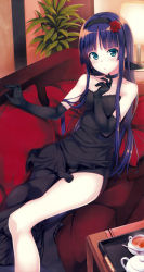Rule 34 | 1girl, bare shoulders, black dress, black gloves, blue eyes, blue hair, blunt bangs, blush, bow, choker, dress, elbow gloves, flower, gin (ginshari), gloves, hair bow, hair flower, hair ornament, hairband, hand to own mouth, highres, joshi mote na imouto to junan na ore, long hair, lying, matching hair/eyes, mitsurogi rinze, non-web source, official art, parted lips, scan, side slit, sidelocks, solo, strapless, strapless dress, tea, tray