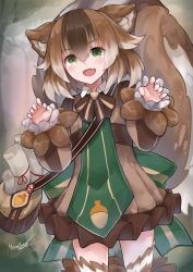 Rule 34 | 1girl, :d, absurdres, acorn, animal ears, bag, blush, brown dress, brown hair, claw pose, commission, dress, fang, fur trim, green eyes, highres, large tail, long sleeves, looking at viewer, monster girl, monster girl encyclopedia, multicolored hair, neonbeat, open mouth, puffy long sleeves, puffy sleeves, ratatoskr (monster girl encyclopedia), scroll, short hair, shoulder bag, signature, skin fang, smile, solo, squirrel ears, squirrel tail, standing, streaked hair, tail, thighhighs, zettai ryouiki