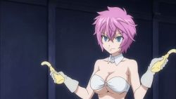 Rule 34 | 10s, 1girl, animated, animated gif, blue eyes, breasts, cleavage, detached collar, fairy tail, gloves, large breasts, o-ring, o-ring top, purple hair, short hair, virgo (fairy tail), white gloves