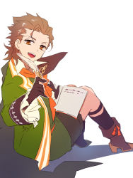 Rule 34 | 1boy, black gloves, black legwear, book, boots, brown hair, coat, cocorosso, fate/apocrypha, fate (series), full body, gloves, green coat, hair slicked back, looking at viewer, male focus, open mouth, orange eyes, quill, renaissance clothes, short hair, shorts, simple background, sitting, smile, legwear garter, socks, white background, william shakespeare (fate), aged down