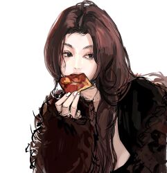 Rule 34 | absurdres, black eyes, black shirt, brown coat, brown hair, coat, commentary, danielle (newjeans), eating, food, fur coat, highres, holding, holding food, jiu hao taiyang de shexian, k-pop, long hair, looking to the side, newjeans, pizza, pizza slice, portrait, real life, realistic, shirt, simple background, sketch, symbol-only commentary, white background, white nails