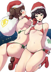 Rule 34 | 2girls, absurdres, alisa (girls und panzer), alternate costume, arm at side, ass, back, bikini, black hair, blush, boots, bow, bow bikini, breasts, brown eyes, brown hair, christmas, cleavage, commentary, emblem, freckles, from behind, frown, girls und panzer, gloves, grimace, hair ornament, halterneck, hand in own hair, hat, highres, holding, holding sack, leg up, lightning bolt symbol, lips, looking at another, looking at viewer, looking back, medium breasts, micro bikini, multiple girls, navel, ooarai (emblem), open mouth, over shoulder, parted lips, red bikini, red footwear, red gloves, red headwear, revision, sack, santa bikini, santa boots, santa gloves, santa hat, sasaki tatsuya, saunders (emblem), short hair, short twintails, simple background, small breasts, sparkle, standing, standing on one leg, star (symbol), star hair ornament, stomach, string bikini, swimsuit, thighs, thong, thong bikini, twintails, utsugi yuuki, white background