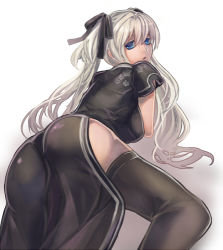 Rule 34 | 1girl, ass, black thighhighs, blue eyes, bow, dress, from behind, hair bow, kanran demel, long hair, looking back, lowres, mabinogi, nao (mabinogi), shadow, solo, thighhighs, twintails, wavy hair, white hair