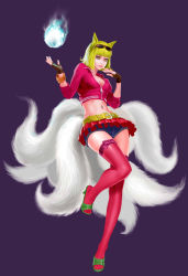 Rule 34 | 1girl, ahri (league of legends), alternate costume, alternate hair color, animal ears, bad id, bad pixiv id, belt, blonde hair, breasts, cleavage, cropped jacket, eyewear on head, fingerless gloves, fox ears, fox tail, gloves, high heels, jacket, league of legends, lips, medium breasts, midriff, multiple tails, navel, navel piercing, open shoes, orb, piercing, pink thighhighs, preter, ribbon, shoes, short hair, skirt, solo, sunglasses, tail, thighhighs, wristband, yellow eyes, zipper