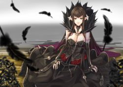 Rule 34 | 1girl, black hair, breasts, brown eyes, choker, cleavage, dress, elbow gloves, fate/apocrypha, fate (series), feathers, frills, gloves, high heels, lips, long hair, multicolored hair, pointy ears, semiramis (fate), shoes, smile, solo, very long hair