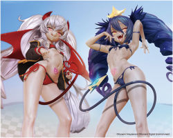 Rule 34 | 2girls, 3d, :q, absurdres, arm strap, armpits, bare shoulders, bikini, blue bikini, bombergirl, breasts, cameltoe, commentary request, crown, dark persona, demon girl, demon horns, demon tail, demon wings, drill hair, evo grim, fangs, feet out of frame, grim aloe, hair between eyes, heart, heart-shaped pupils, heart tail, heart tattoo, highres, horns, jacket, leslyzerosix, lewisia aquablue, long hair, looking at viewer, low wings, multiple girls, naughty face, navel, off shoulder, open clothes, open jacket, open mouth, pointing, pubic tattoo, quiz magic academy, red bikini, red eyes, red horns, red tail, red wings, skindentation, small breasts, swimsuit, symbol-shaped pupils, tail, tattoo, teeth, tongue, tongue out, twin drills, twintails, wet, white hair, wings, yellow eyes