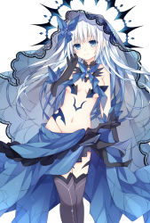 Rule 34 | 1girl, black gloves, blue eyes, blue ribbon, breasts, chuugoku tachibana, cleavage, date a live, elbow gloves, floating hair, gloves, grey thighhighs, groin, hair ribbon, highres, long hair, looking at viewer, medium breasts, midriff, navel, ribbon, shiny clothes, silver hair, simple background, smile, solo, stomach, thighhighs, tobiichi origami, underboob, white background