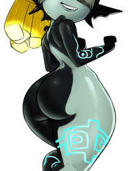 Rule 34 | 1girl, ass, back, bad id, bad tumblr id, black skin, blonde hair, breasts, colored skin, fang, from behind, glowing markings, grey skin, greyimpaction, grin, head out of frame, highres, huge ass, long hair, midna, multicolored skin, neon trim, nintendo, nipples, nude, small breasts, smile, solo, the legend of zelda, the legend of zelda: twilight princess, thick thighs, thighs, two-tone skin