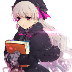 Rule 34 | 10s, 1girl, beret, book, fate/extra, fate/grand order, fate (series), hat, hat ribbon, holding, holding book, long hair, lowres, nursery rhyme (fate), purple eyes, ribbon, smile, solo, tia (cocorosso), white hair