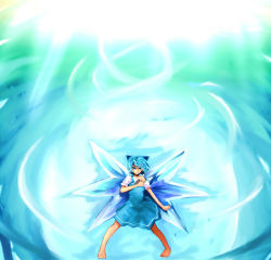 Rule 34 | 1girl, barefoot, blue dress, blue eyes, blue hair, bow, cirno, crystal, dress, enisuke, fairy, fairy wings, female focus, from above, hand on own chest, ice, ice wings, looking at viewer, matching hair/eyes, puffy short sleeves, puffy sleeves, short sleeves, solo, embodiment of scarlet devil, touhou, wings