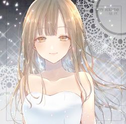 Rule 34 | 1girl, arms at sides, bad id, bad pixiv id, bare arms, blunt bangs, blush, brown eyes, brown hair, closed mouth, collarbone, dated, dress, grey background, happy birthday, idolmaster, idolmaster cinderella girls, lace background, long hair, looking at viewer, mizumoto yukari, smile, solo, sparkle, upper body, utsugi chisako (shironil), white dress, wind