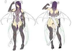 Rule 34 | 1girl, ass, bare shoulders, boots, breasts, character design, character sheet, concept art, covered erect nipples, covered navel, curvy, demon girl, demon horns, demon tail, demon wings, elbow gloves, female focus, fishnets, fuuma saika, gloves, highleg, highleg leotard, hip focus, horns, impossible clothes, impossible leotard, large breasts, leotard, lilith-soft, long hair, looking at viewer, nipples, purple hair, red eyes, simple background, solo, standing, sweat, tail, taimanin (series), taimanin asagi kessen arena, thighhighs, thighs, white background, wings, zol