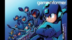 Rule 34 | arm cannon, armor, blue background, blue theme, bodysuit, capcom, copyright name, cover, english text, from side, gradient background, gun, helmet, highres, legs apart, magazine cover, male focus, mega man (character), mega man (classic), mega man (series), mega man 1, mega man 10, mega man 11, mega man 2, mega man 3, mega man 4, mega man 5, mega man 6, mega man 7, mega man 8, mega man 9, multiple persona, official art, open mouth, smile, standing, thick eyebrows, v-shaped eyebrows, visor, watermark, weapon, web address