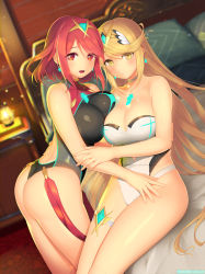 Rule 34 | 2girls, absurdres, black one-piece swimsuit, blonde hair, breasts, chest jewel, competition swimsuit, headpiece, highres, kashiwamochi yomogi, large breasts, long hair, multiple girls, mythra (radiant beach) (xenoblade), mythra (xenoblade), one-piece swimsuit, pyra (pro swimmer) (xenoblade), pyra (xenoblade), red one-piece swimsuit, ribbed swimsuit, strapless, strapless one-piece swimsuit, striped clothes, striped one-piece swimsuit, swept bangs, swimsuit, tiara, two-tone swimsuit, vertical-striped clothes, vertical-striped one-piece swimsuit, very long hair, white one-piece swimsuit, xenoblade chronicles (series), xenoblade chronicles 2, yellow eyes