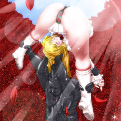 Rule 34 | 1girl, ankle grab, ass, blonde hair, boots, defeat, dress, emilie de rochefort, extra arms, closed eyes, fingerless gloves, flower, gloves, highres, holding another&#039;s wrist, knee boots, lens flare, lingerie, long hair, muscle buster, panties, pantyshot, petals, rose, ryona, statue, submission, suzume no kimochi, tekken, thighs, underwear, upside-down, upskirt, wrestling