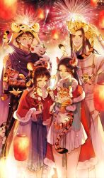Rule 34 | 2boys, 2girls, absurdres, animal, animal ears, animal on head, animal on shoulder, bai moqing (xian jian qi xia zhuan 7), bird, black hair, cape, chinese clothes, chinese new year, chinese zodiac, closed eyes, fake animal ears, feet out of frame, fireworks, fur-trimmed cape, fur trim, green shirt, grin, hair rings, hanfu, highres, holding, holding animal, hood, hood up, hooded cape, lantern, long hair, looking up, miniskirt, multiple boys, multiple girls, on head, paper lantern, purple cape, rattle drum, red cape, sang you (xian jian qi xia zhuan 7), shirt, short hair, skirt, sky lantern, smile, tanghulu, tiger, tiger ears, white skirt, xialuo yingling, xianjian qixia zhuan, xianjian qixia zhuan 7, xiu wu (xian jian qi xia zhuan 7), yue qingshu (xian jian qi xia zhuan 7)