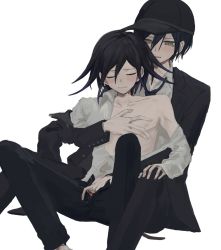 Rule 34 | 2boys, black hair, black headwear, black jacket, black pants, blush, closed eyes, closed mouth, collared shirt, commentary request, danganronpa (series), danganronpa v3: killing harmony, grey shirt, hair between eyes, hand in pants, hand on another&#039;s chest, hat, highres, iumi urura, jacket, knees up, long sleeves, male focus, male underwear, multiple boys, necktie, nipples, official alternate costume, official art, open mouth, oma kokichi, pants, saihara shuichi, shirt, simple background, sitting, striped underwear, underwear, white background, white shirt, yaoi